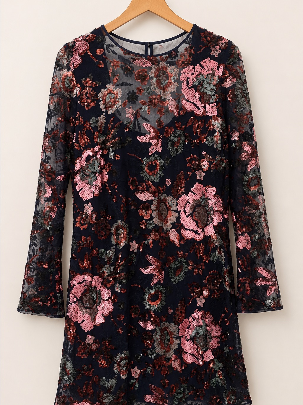 Anthropologie Navy Sequin Floral Mesh Dress With Pink & Burgundy Accents